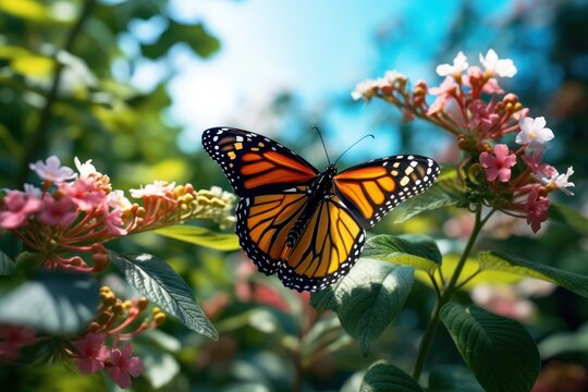 A beautiful monarch butterfly perched on a delicate pink flower. This image captures the vibrant colors and intricate details of nature. Perfect for nature enthusiasts and garden lovers