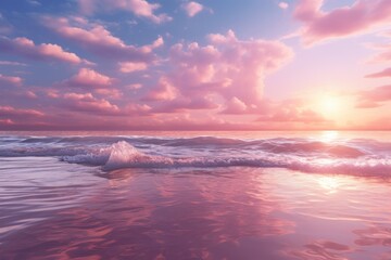 A serene image capturing the beautiful sunset over the ocean on the beach. Perfect for travel brochures, inspirational quotes, and nature-themed designs