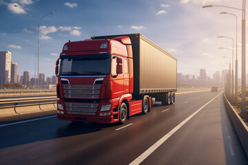 A red semi truck driving down a highway. This image can be used to depict transportation,...