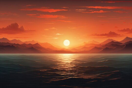 A beautiful painting capturing the serene moment of a sunset over a body of water. 