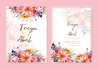 Colorful colourful rose and waterlily modern wedding invitation template with floral and flower