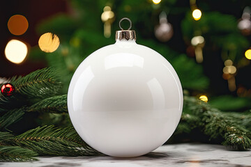 Round white blank Christmas ornament, mockup, copy space 