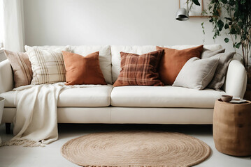 Comfortable sofa with cushions and plaid in stylish living room interior
 - obrazy, fototapety, plakaty