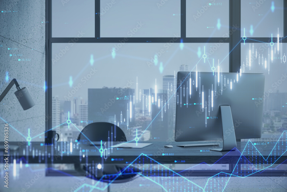 Poster modern office interior with workplace and glowing candlestick forex chart and index hologram on blur