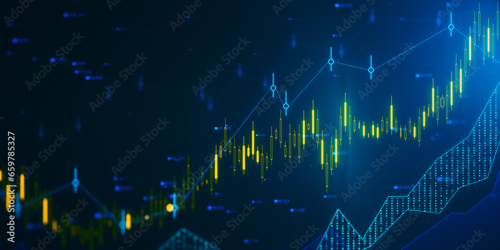 Aufkleber Glowing candlestick forex chart and index hologram on blurry backdrop. Trade and stats concept. 3D Rendering.
