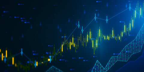 Glowing candlestick forex chart and index hologram on blurry backdrop. Trade and stats concept. 3D Rendering.
