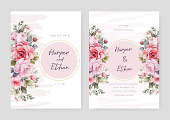 Pink rose vector wedding invitation card set template with flowers and leaves watercolor