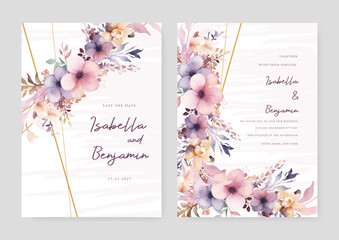 Pink and purple violet orchid vector elegant watercolor wedding invitation floral design