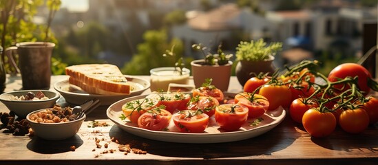 Happy family enjoying breakfast on a terrace filled with tomatoes cheeses tea olives and peppers