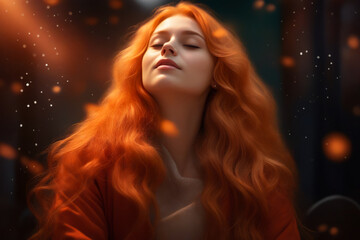 Woman with red hair is looking up at the sky