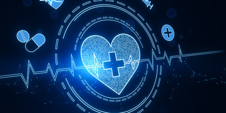 Creative glowing bright medical heart interface on blurry blue backdrop. Innovation and cardiology concept. 3D Rendering.