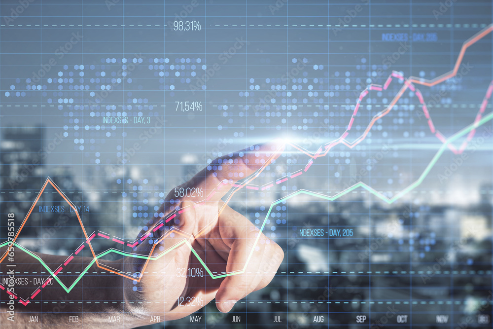 Poster close up of male hand pointing at creative business graph with index and grid on blurry city backgro