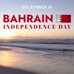 Fototapeta premium Composite of december 16, bahrain independence day text and bahrain flag over seascape against sky