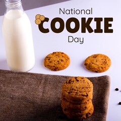 Composite of national cookie day text over milk bottle and cookies with napkin on white background