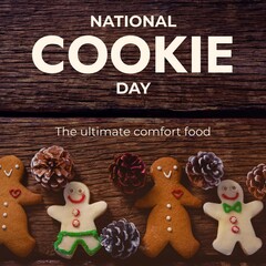 Composite of national cookie day and the ultimate comfort food text and gingerbread cookies on table