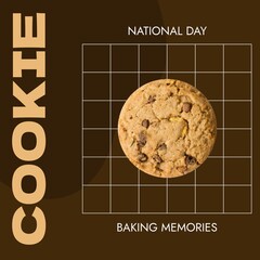 Composite of national cookie day and baking memories text with cookie on brown background