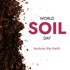 Composite of world soil day and nurture the earth text over soil on white background, copy space