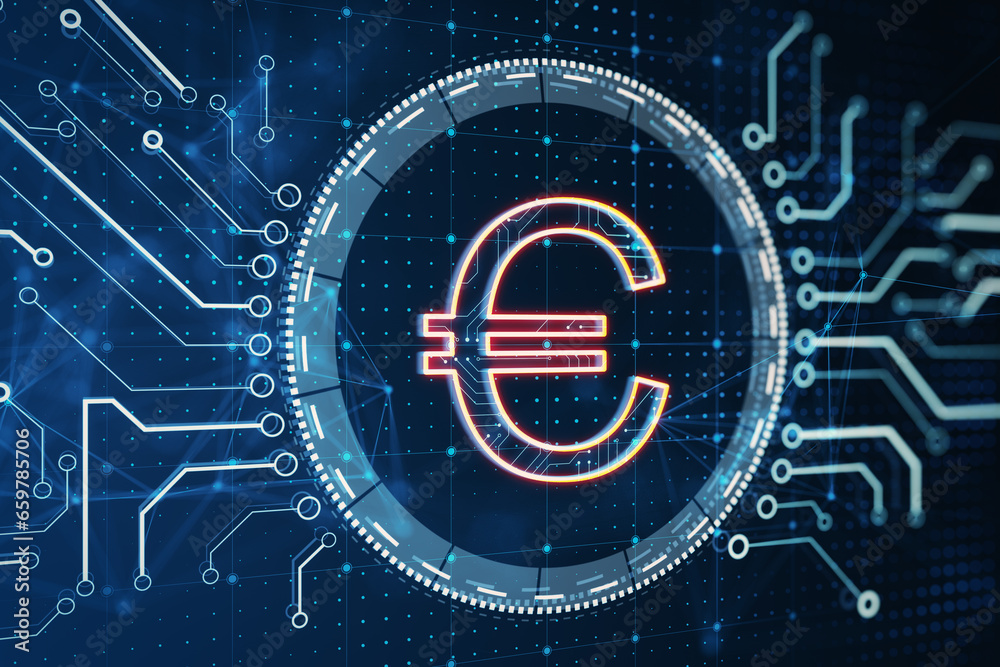 Poster creative digital circular euro hologram with circuit lines on blurry blue background. digital money 