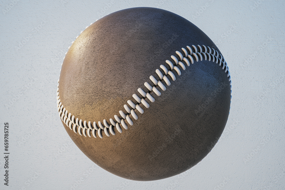 Poster close up of gray cricket ball with mock up place on light background. ball with stitches wallpaper. 