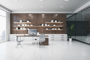 Bright wooden and concrete office interior with furniture, bookshelves with books, window with city view and daylight. Work and education concept. 3D Rendering.