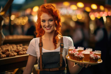 Fototapeta premium Cute red-haired waitress with a tray of beer at Oktoberfest