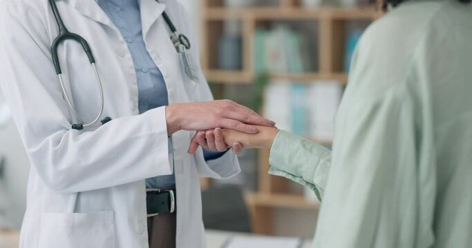 Hands, empathy or bad news from doctor to patient with support, trust or healthcare advice for results. Sorry, medical professional closeup or talking conversation or consulting for cancer or therapy