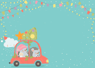 Cartoon Funny Hedgehogs driving a Red Car with Christmas Tree