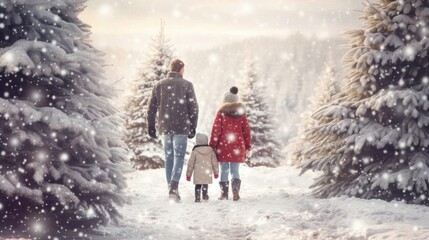 Happy family enjoying to moment in snowy land with Christmas festive and winter season. Generative Ai

