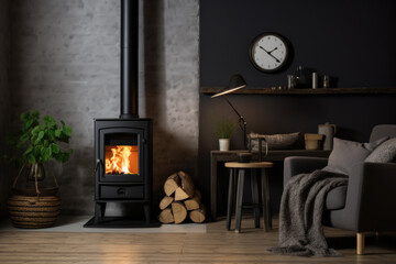 Burning wood stove in a Scandinavian style living room - obrazy, fototapety, plakaty