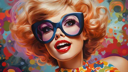 Gordijnen Retro pop art 50s illustration. Blonde woman face with a joyful expression wearing blue sunglasses © Sunshine Design