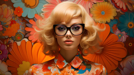 groovy portrait of retro woman from the 60s to 70s, with flower patterned vintage fashion and sunglasses
