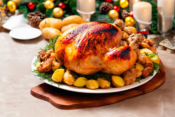 Roasted turkey on Christmas table and Gaussian lights background.