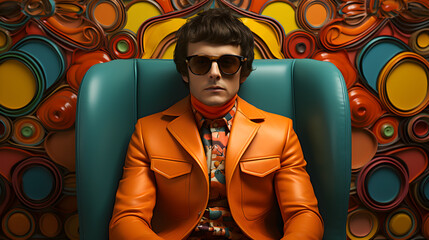 Retro 60s man sitting in kitsch chair with sunglasses in colorful psychedelic style