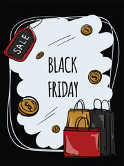 Bright vector illustration for Black Friday. Postcard, banner hand drawn on a black background.