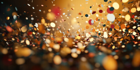 Glittering colourful confetti falling down. Party background concept for holiday, celebration, New Year's Eve or jubilee - obrazy, fototapety, plakaty