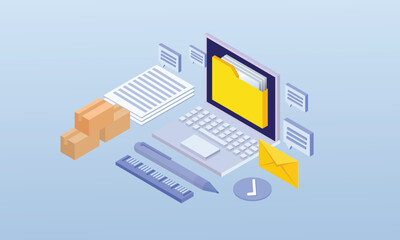 Electronic organization files concept in 3d isometric design.working with digital database, organizing files in folders on laptop.on blue background.3D design.isometric vector design Illustration.