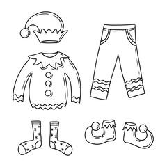 Doodle outline set of elf Christmas clothes. Sketch hand drawn design for coloring pages, stickers, pattern. Black pants, socks, hat, sweater and shoes of Santa Clause assistant on white background - obrazy, fototapety, plakaty