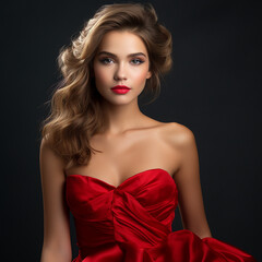 Fototapeta premium Attractive woman in red gown with beautiful makeup posing on grey background, ai technology