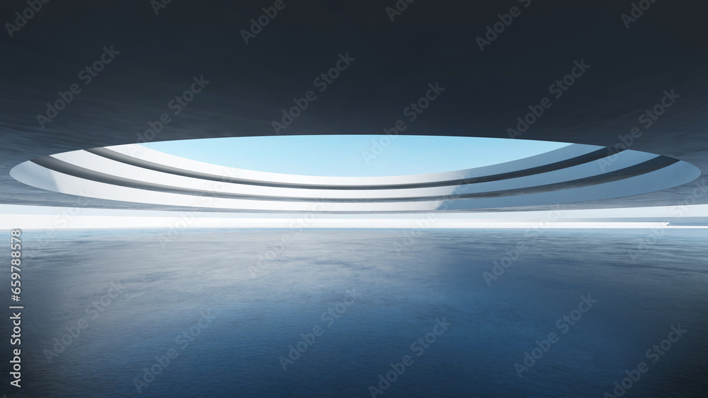 Poster 3d render of abstract futuristic architecture with empty concrete floor. Scene for car presentation.