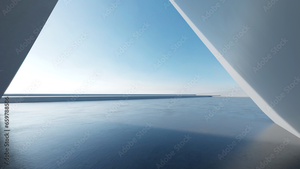Poster 3d render of abstract futuristic architecture with empty concrete floor. Scene for car presentation.
