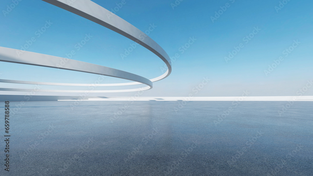 Poster 3d render of abstract futuristic architecture with empty concrete floor. Scene for car presentation.