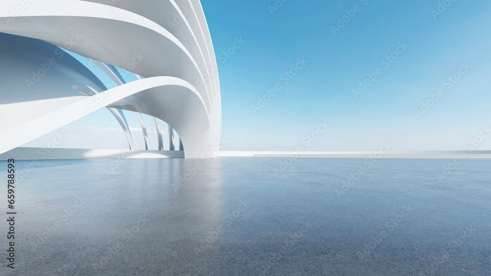 Fototapete 3d render of abstract futuristic architecture with empty concrete floor. Scene for car presentation.
