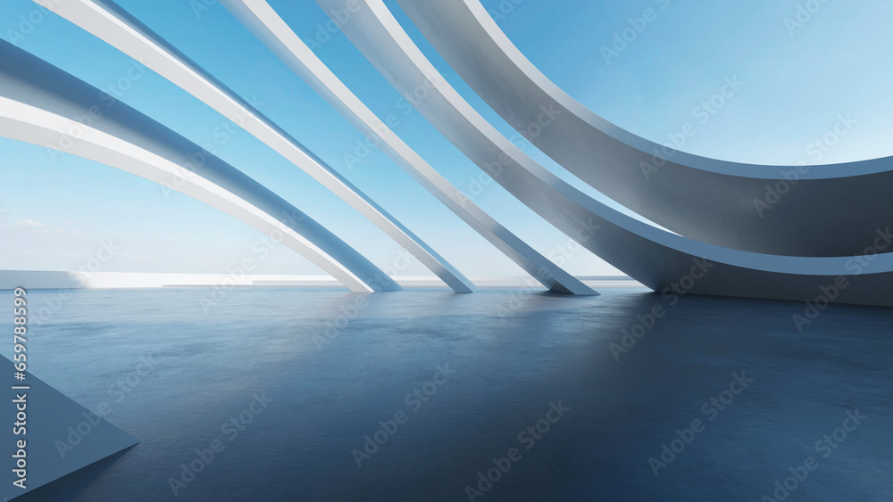 Poster 3d render of abstract futuristic architecture with empty concrete floor. Scene for car presentation.
