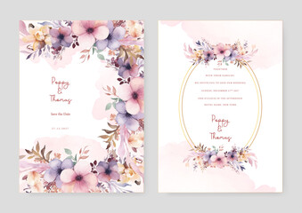 Fototapeta na wymiar Pink and purple violet orchid beautiful wedding invitation card template set with flowers and floral
