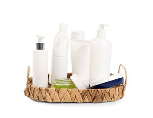 Wicker basket with bath accessories isolated on white background