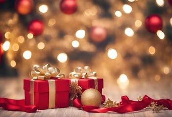 Celebrate Christmas with Glittering Ornaments Merry Christmas ornaments. Red and Gold Christmas gifts and lights Christmas tree and Beautiful Christmas gift boxes on the floor in the room.