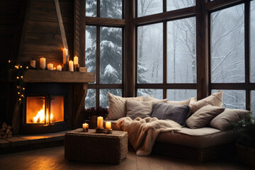 Cozy rustic living room with big floor to ceiling windows and a fireplace, decorated for Christmas.