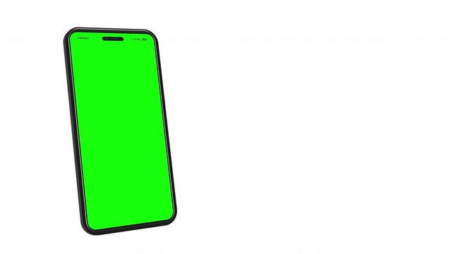 Mobile Phone Turning Video Animation. 3D Digital device motion graphic mockup with green screen and white background.
