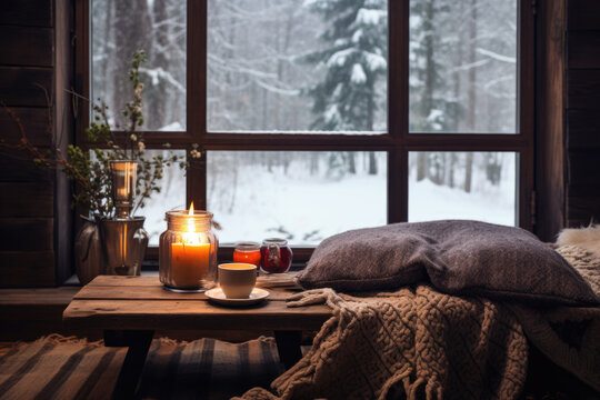 Cup of coffee on the table in cozy rustic living room with big floor to ceiling windows and a fireplace, decorated for Christmas.