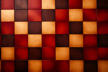 Red and brown checkered wall with clock on it.